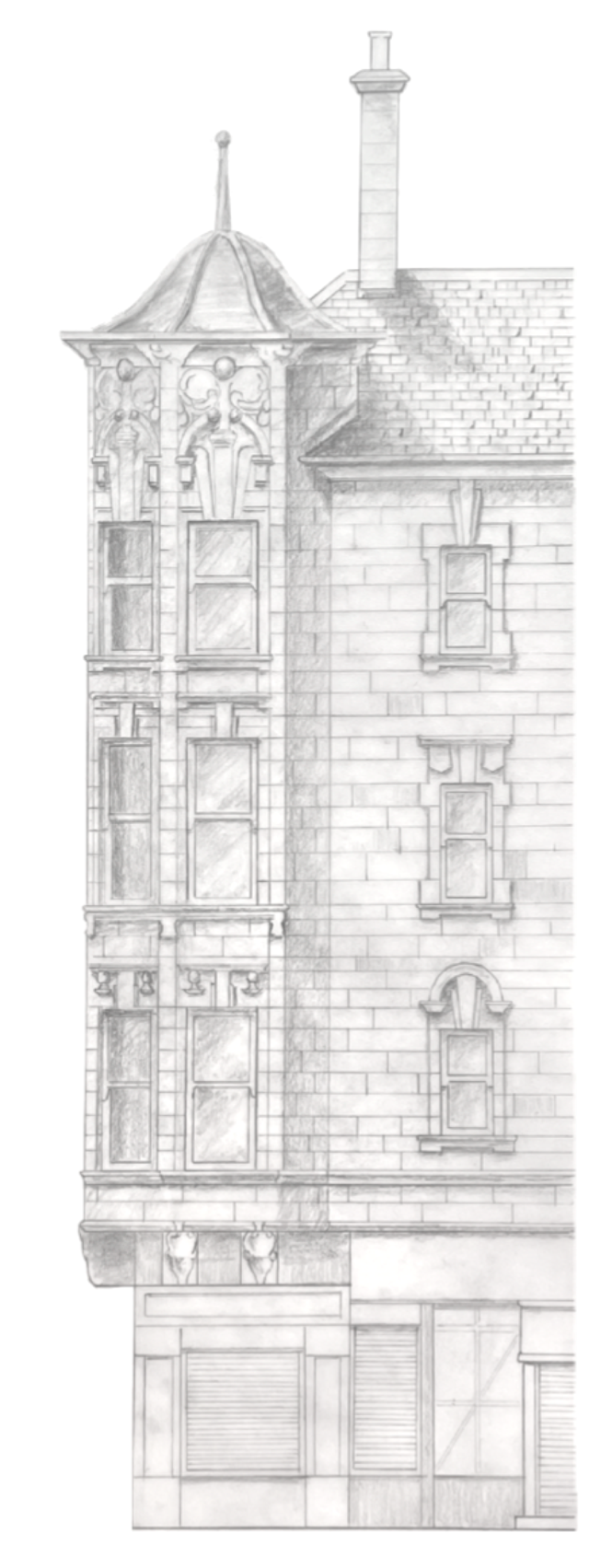 1:50 pencil drawing study of the adjacent building in Norfolk Street.  Architect: James Miller