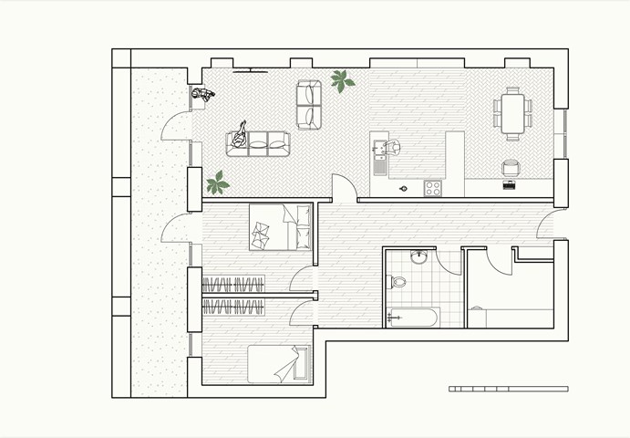 Two bedroom flat plan within existing building. 