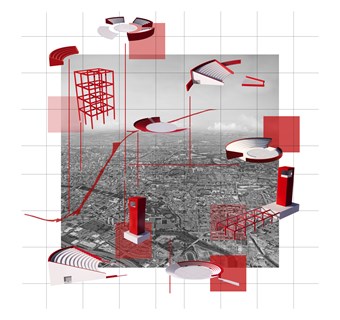 Elements of the open city are shown over an aerial view of Glasgow. The interventions include the Arx, Pnyx, and Iter. A grid background is also imposed over the city to suggest the systematic theory approach to the deployment of the interventions in the city. 