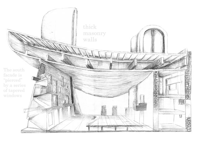 Sectional Sketch of Le Corbusier's Ronchamp Chapel 